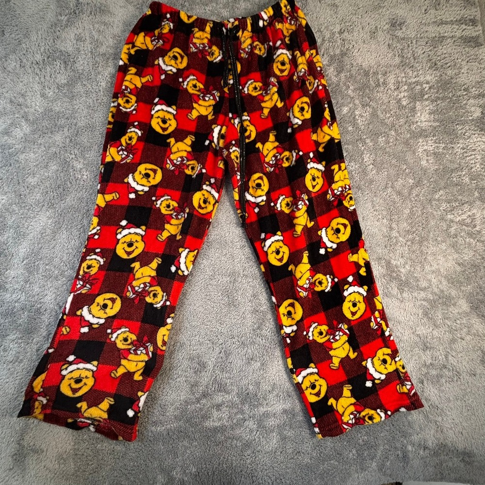 Disney Winnie the Pooh Christmas Pajama Pants Red Buffalo Plaid Fleece Lounge